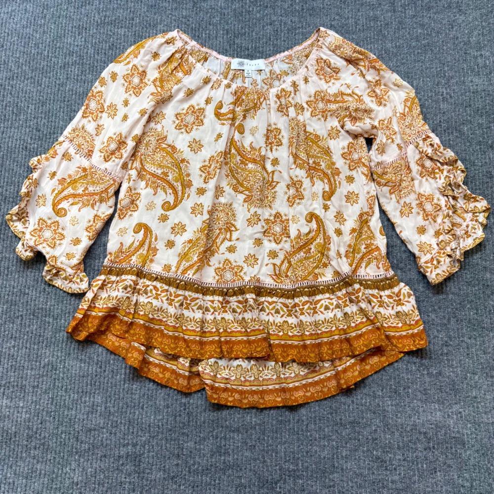 Fever Boho Paisley Floral Blouse Womens Small Mustard Orange Ruffle Sleeve Top